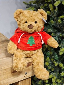 URSO BEGE SENTADO COM MOLETON VERMELHO 30CM
