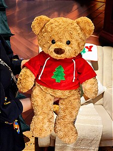 URSO BEGE SENTADO COM MOLETON VERMELHO 30CM - PRÉ VENDA 2025