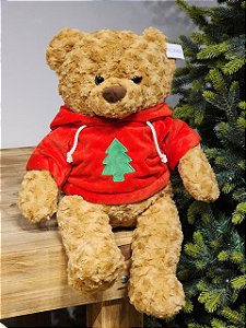 URSO BEGE SENTADO COM MOLETON VERMELHO 40CM