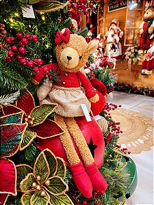BONECO URSO MENINA SENTADA VERMELHO E BEGE 45CM - PRÉ VENDA 2025