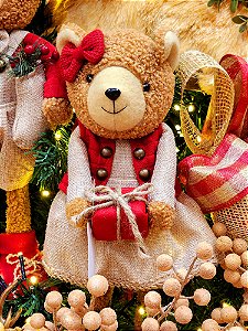 BONECO URSO MENINA EM PÉ VERMELHO E BEGE 47CM - PRÉ VENDA 2025