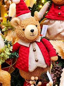 BONECO URSO MENINO EM PÉ VERMELHO E BEGE 33CM - PRÉ VENDA 2025