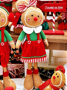 BONECO EM PÉ MENINA GINGERBREAD VERMELHO E VERDE 61CM - PRÉ VENDA 2025
