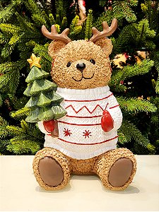 URSO EM RESINA COM SUETER VERMELHO E BRANCO 29,5CM