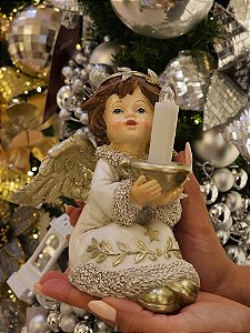 ANJO COM VELA COM LED BRANCO E DOURADO 15CM - PRÉ VENDA 2025