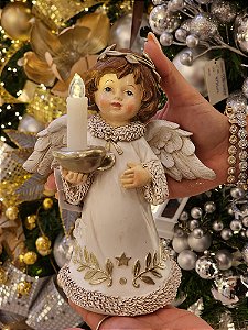 ANJO COM VELA COM LED BRANCO E DOURADO 20,5CM - PRÉ VENDA 2025