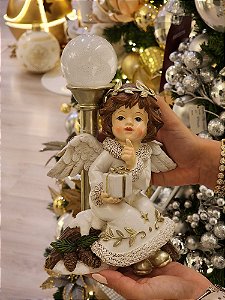 ANJO COM POSTE COM LED BRANCO E DOURADO 24,5CM - PRÉ VENDA 2025