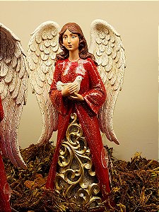 ANJO COM POMBO COM LED VERMELHO E DOURADO 31CM - PRÉ VENDA 2025