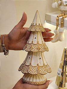ÁRVORE EM RESINA DOURADO E CHAMPANHE COM LED 23,5CM - PRÉ VENDA 2025
