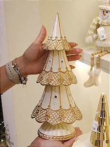 ÁRVORE EM RESINA DOURADO E CHAMPANHE COM LED 30,5CM - PRÉ VENDA 2025