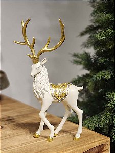 RENA EM PÉ BRANCA E DOURADA COM PEROLAS EM RESINA 36CM