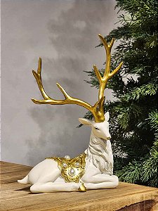 RENA EM PÉ BRANCA E DOURADA COM PEROLAS EM RESINA 24CM