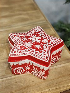 POTE DECORATIVO COM TAMPA ESTRELA VERMELHA E BRANCA 20CM