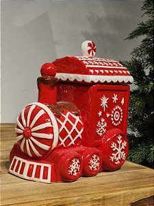 POTE DECORATIVO COM TAMPA TRENZINHO VERMELHO E BRANCO 22CM