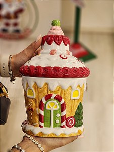 POTE DECORATIVO COM TAMPA CASINHA VERMELHO E BEGE 25,5CM - PRÉ VENDA 2025