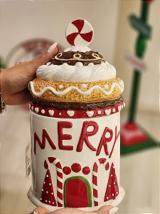 POTE DECORATIVO COM TAMPA MERRY VERMELHO E BRANCO 27CM - PRÉ VENDA 2025