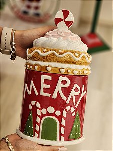 POTE DECORATIVO COM TAMPA MERRY VERMELHO E VERDE 27CM - PRÉ VENDA 2025