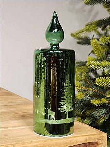 VELA DE VIDRO VERDE DECORATIVA COM LED 20CM