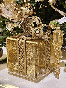 PRESENTE DECORATIVO DE VIDRO DOURADO E CHAMPANHE 22CM - PRÉ VENDA 2025