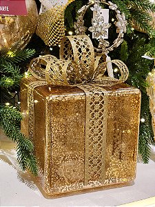PRESENTE DECORATIVO DE VIDRO DOURADO E CHAMPANHE 26CM - PRÉ VENDA 2025