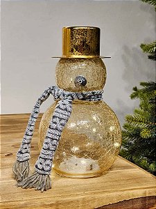 BONECO DE NEVE DECORATIVO DE VIDRO DOURADO COM LED 26CM