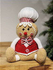 BONECO GINGERBREAD SENTADO VERMELHO E BRANCO 38CM