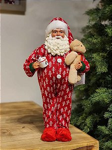 PAPAI NOEL COM PIJAMA VERMELHO COM URSO 45CM