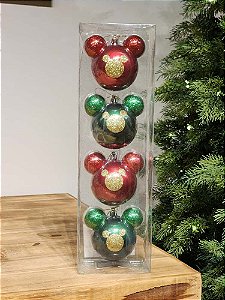 BOLA MICKEY COM GLITTER VERDE E VERMELHO 8CM KIT COM 4 UNIDADES