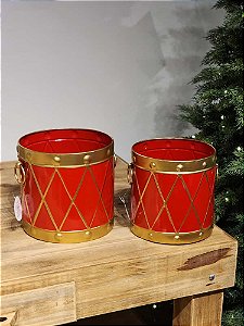 TAMBOR EM METAL DECORADO VERMELHO E DOURADO COM 2 UNIDADES