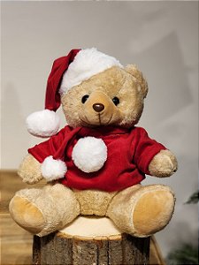 URSO SENTADO COM CACHECOL VERMELHO E BRANCO 25CM