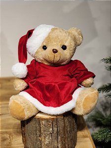 URSA SENTADA COM GORRO VERMELHO E BRANCO 25CM