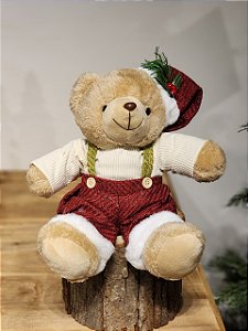 URSO SENTADO COM SUSPENSORIO VERMELHO E BRANCO 25CM