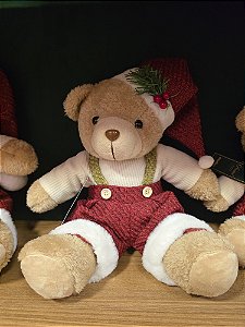 URSO SENTADO COM SUSPENSORIO VERMELHO E BRANCO 25CM - PRÉ VENDA 2025