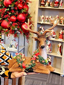 RENA DECORATIVA DEITADA COM FESTÃO NATALINO 25CM  - PRÉ VENDA 2025