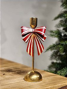 CASTIÇAL EM METAL COM LAÇO VERMELHO E BRANCO 27CM