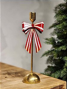 CASTIÇAL EM METAL COM LAÇO VERMELHO E BRANCO 35CM