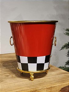 BALDE EM METAL DOURADO COM VERMELHO E BRANCO E PRETO 28CM