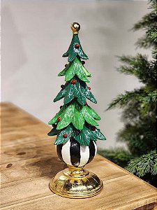 ÁRVORE EM RESINA COM BOLA NA BASE PRETA E BRANCO COM 32CM