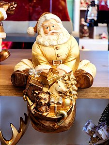 PAPAI NOEL COM PRESENTES DOURADO E BRANCO 18CM - PRÉ VENDA 2025
