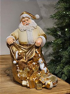 PAPAI NOEL COM PRESENTES DOURADO E BRANCO 32CM