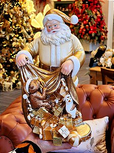 PAPAI NOEL COM PRESENTES DOURADO E BRANCO 32CM - PRÉ VENDA 2025
