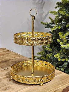 BANDEJA DUPLA EM METAL DOURADA 38CM