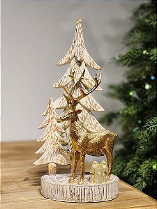 RENA COM ÁRVORE EM RESINA OURO E MARROM 37,5CM