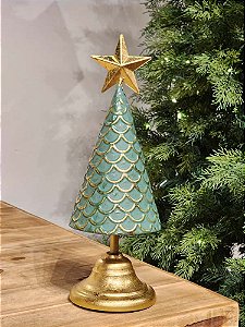 ÁRVORE EM METAL COM ESCAMAS OURO E VERDE 33CM