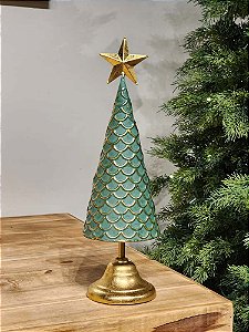 ÁRVORE EM METAL COM ESCAMAS OURO E VERDE 40CM