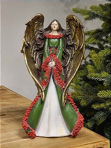 ANJO COM BERRY EM RESINA VERMELHO E VERDE 31CM