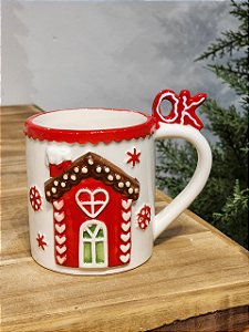 CANECA DECORATIVA CASA GINGER VERMELHO E BEGE 13CM