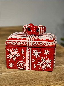 POTE PRESENTE DECORATIVO FLOCO DE NEVE VERMELHO E BRANCO 14CM