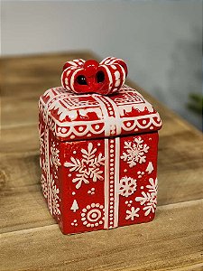 POTE PRESENTE DECORATIVO FLOCO DE NEVE VERMELHO E BRANCO 15CM