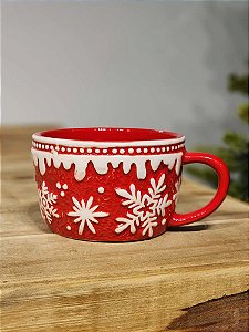 CANECA DECORATIVA FLOCO DE NEVE VERMELHO E BRANCO 13CM